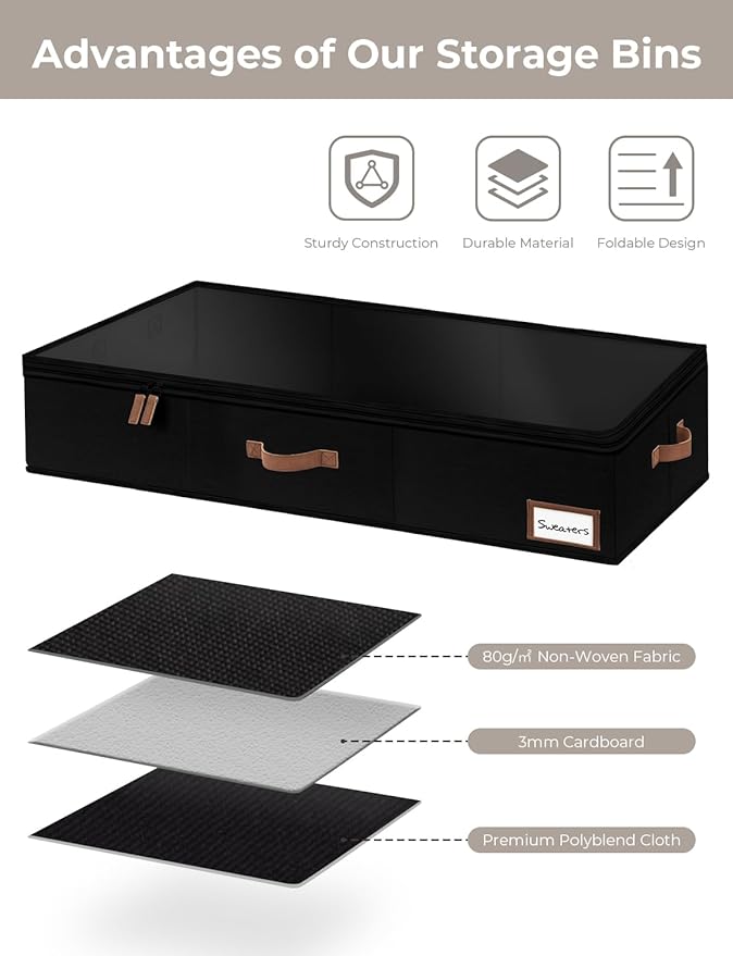 StorageWorks Extra Large Under Bed Storage Containers with Handles and Label Holder, 2 Pack Ultra-thick Fabric Underbed Bins