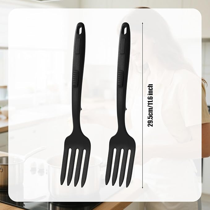 KINBOM 2pcs Silicone Cooking Forks, Heat Resistant Flexible Nonstick Blending Fork Multifunctional Kitchen Utensils for Mixing Stirring Mashing Whisking (Black)
