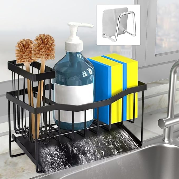 Rustproof Stainless Steel Sponge Holder for Kitchen Sink – Large Sink Caddy Organizer with Rotating Drain Spout & High Brush Holder – No-Drip Kitchen Sink Organizer for Soap Dispenser.