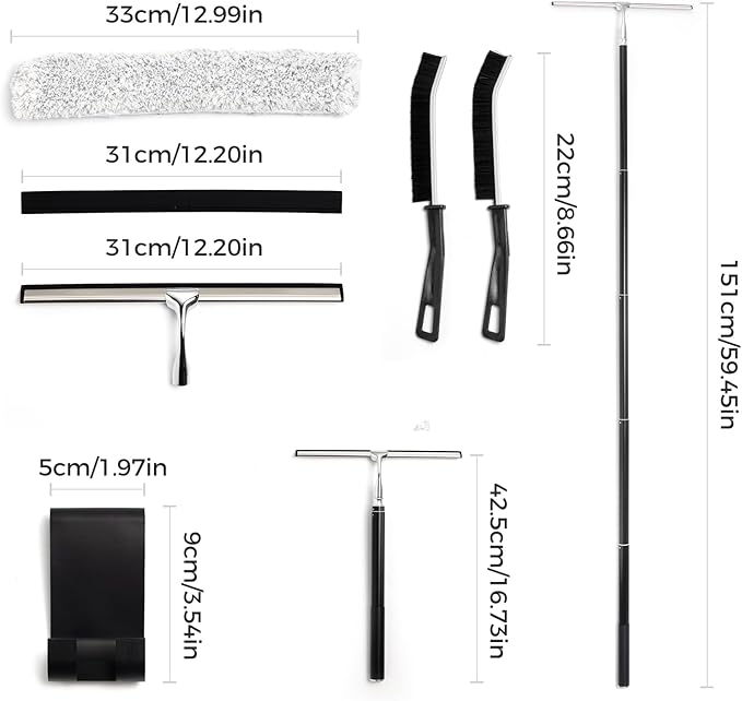 16.7“- 59.5" Long Handle Window Squeegee with Extension Pole, 12.4" Wide Metal Shower Squeegee for Glass Doors