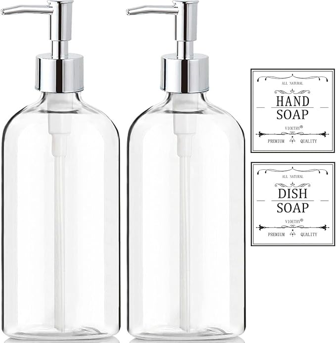 Clear Soap Dispenser with Rust Proof Pump, Waterproof Labels (2 Pack,16 Oz), Plastic Hand Soap Dish Soap Dispenser for Kitchen Bathroom