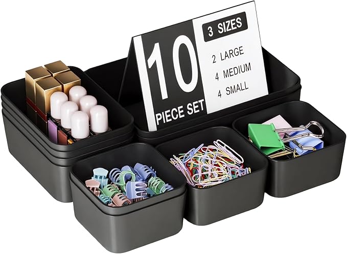 Plastic Drawer Organizers, 10 PCS Drawer Organizer Bins, Bathroom and Vanity Organizer Plastic Tray, Makeup Organizer and Storage for Makeup, Bedroom, Kitchen Gadgets Utensils and Office (Black)