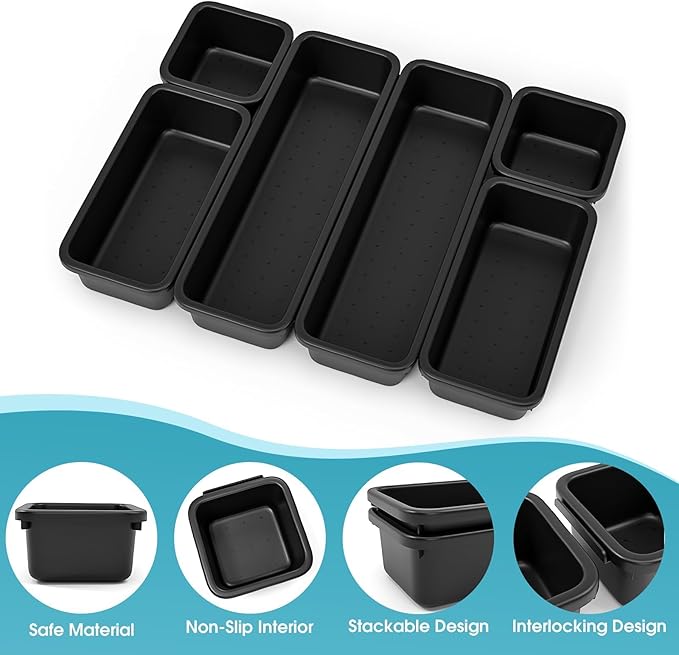 6 PCS Drawer Organizer Set, 3 Size Makeup Drawer Divider Organizer With Non-Slip Pads, Interlocking Plastic Storage Bins for Office,Jewelry Vanity,Gadgets, Bathroom,Kitchen, Black
