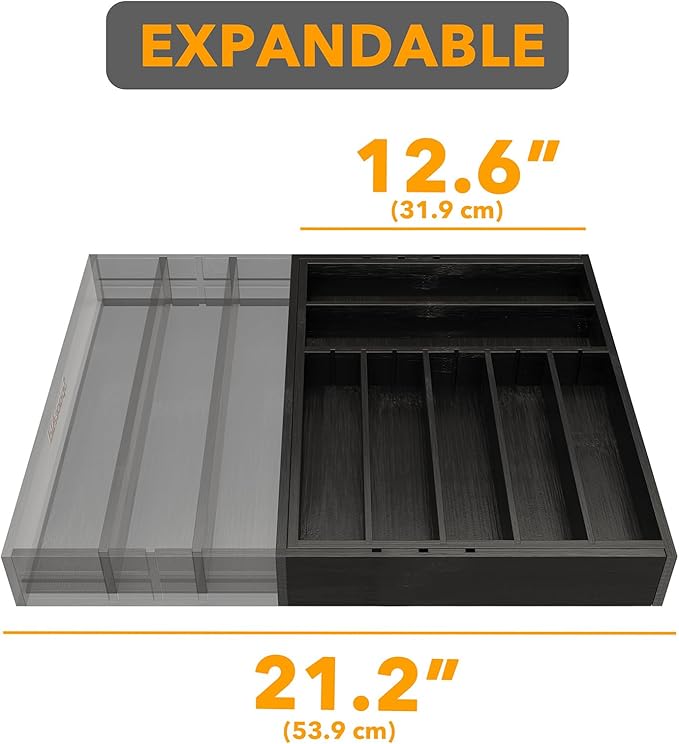 2.5" High Bamboo Silverware Drawer Organizer with Labels, Black