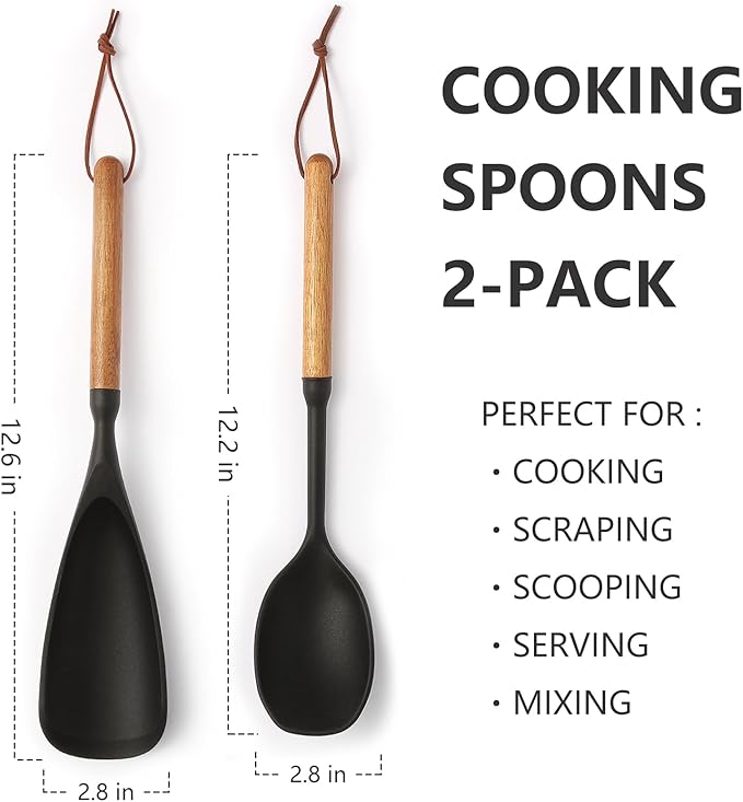 2 Pcs Silicone Spatula Spoon Set with Wood Handle - Kitchen Cooking Utensil for Non-Stick Pans, Mixing & Serving - Heat Resistant Flexible & Ladle for Cooking, Flipping, Stirring