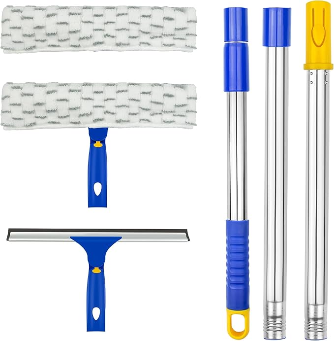 ITTAHO Window Washing Kit with Extension Pole, 10" Squeegee & 11" Microfiber Scrubber Combi with Stainless Steel Pole, Window Cleaner for Car