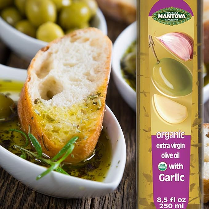 Mantova Garlic Organic Flavored Extra Virgin Olive Oil, 8.5 Oz Mantova Organic Flavored Extra Virgin Olive Oil, Mantova Organic Flavored Mantova USDA Organic Extra Virgin Olive Oil, ColdPressed, garlic, 8.5 Fl Oz