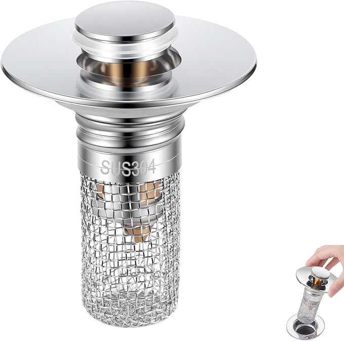 Bathroom Sink Stopper Hair Catcher, Pop-up Sink Drain Strainer with Removable 304 Stainless Steel Strainer Basket Hair Catcher