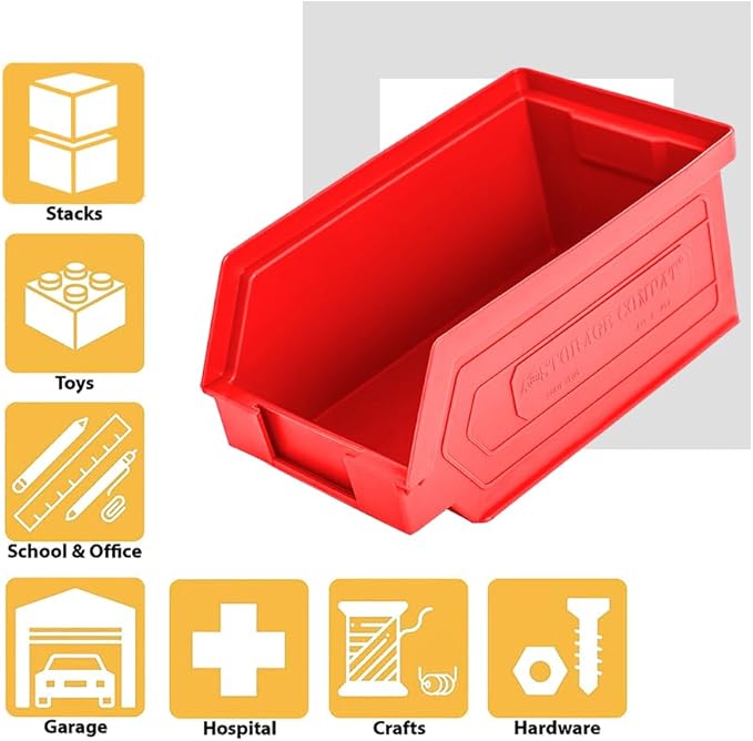 24 Pack Small Storage Bin, Wall Mount Storage, Hanging and Stacking Bin, Freestanding | 7” x 4” x 3” Plastic Container | Red | Zeus 1PLZ03