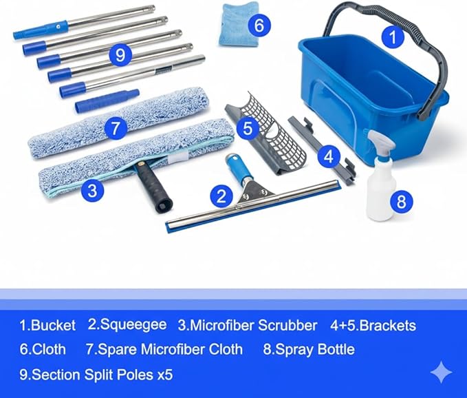Window Cleaning Kit with 6ft Long Handle, 3 Gallon Bucket,14" Squeegee,15" Microfiber Scrubber,Spray Bottle, Cloth