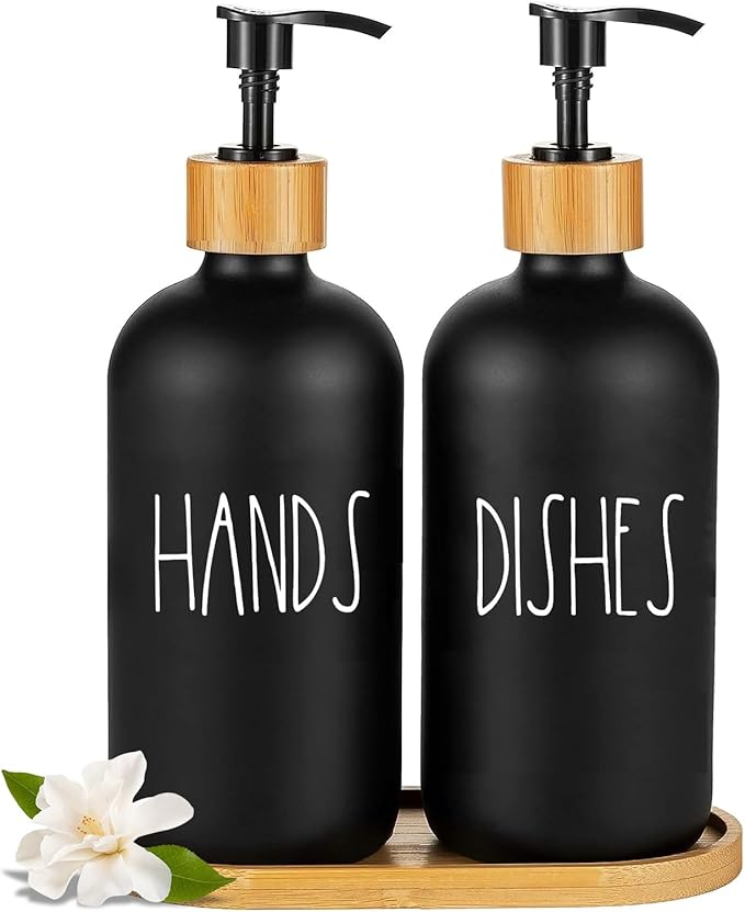 Arktek Glass Soap Dispenser Set with Tray, 2 Pack Hand and Dish Soap Dispenser Set for Bathroom and Kitchen Bottle Dispenser with Dish Soap, Hand Soap, Lotion 17 Oz (2 Black)