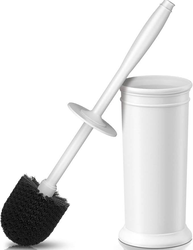 UPTRONIC Toilet Brush, Toilet Bowl Brush with Extra Long Handle Durable Bristles Toilet Scrubber and Covered Holder for Toilet Brush Set for Bathroom Cleaning (White, 1 Set)