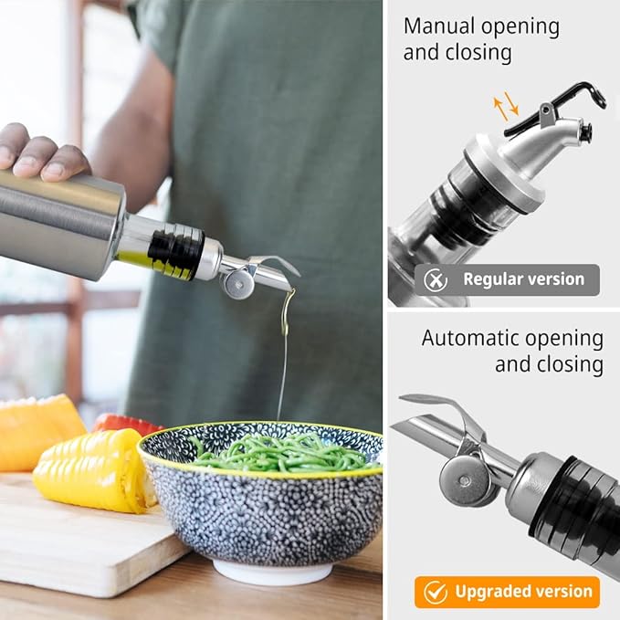 MEETSWEET olive oil spout, olive oil dispenser spout, stainless steel automatic opening and closing spout, leak-proof, for olive oil, vinegar, wine and other liquid bottles (silver1pcs,gold1pcs)…