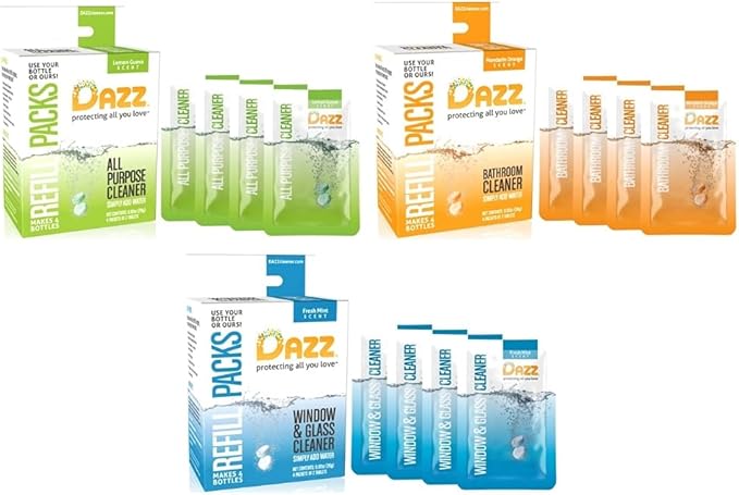 Dazz Whole House Refill Pack (4 Of Each Product - 12 Total) Natural Cleaning Tablets - All Purpose Cleaner, Glass and Window Cleaner