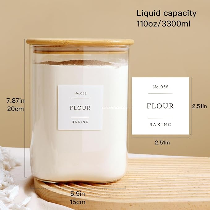 Large glass flour and sugar containers with 132 Kitchen Pantry Labels - 110 oz Glass Food Storage Containers with Airtight Lids