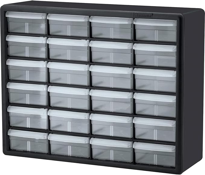 Akro-Mils 24-Drawer Plastic Drawer Storage Cabinet for Garage Organization, Bead Organizer, Building Bricks Storage, Teacher Toolbox, Makeup Organizer, 20" W x 6" D x 16" H, 10124 Black