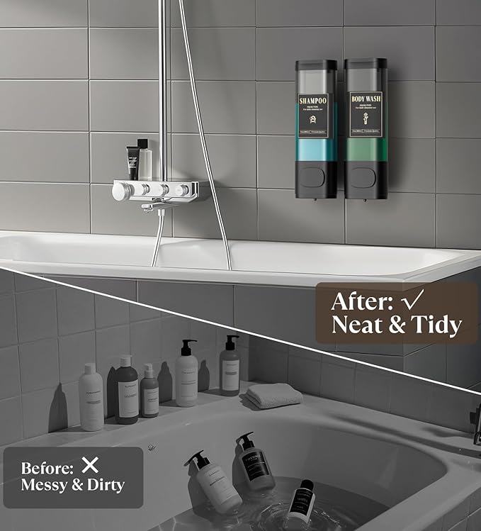 Luxspire Shampoo and Conditioner Dispenser, No Drill Wall Mounted Shower Soap Dispenser 2 Chamber with Waterproof Labels, Easy Refill Soap Dispenser for Bathroom Hotel Kitchen, Black