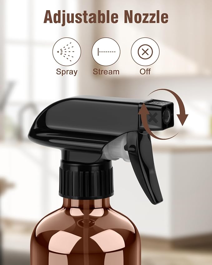 Bontip Glass Spray Bottle, Amber Glass Spray Bottle Set & Accessories Refillable for Plants Window Cleaners Aromatherapy Facial Hydration Watering Flowers Hair Care (2 Pack/8 oz) (Amber)
