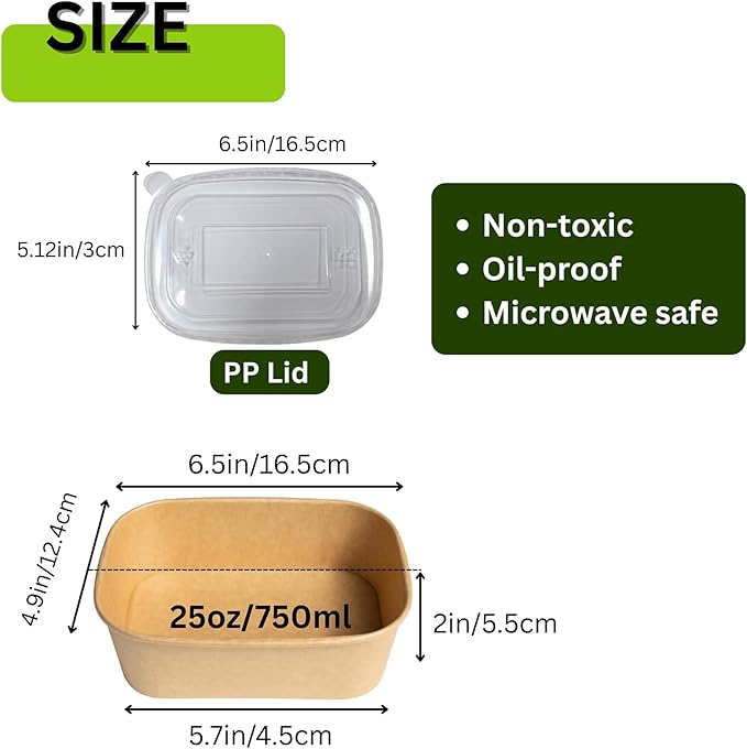 25oz Disposable Bowls with Lids, 50 Sets Large Kraft Square Paper Salad Bowls, Disposable Meal Prep Food Containers w/Lid