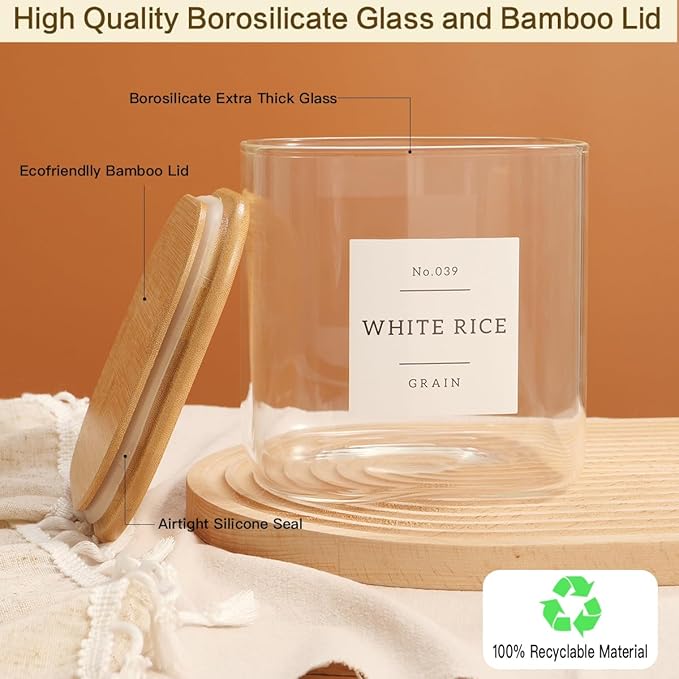 HHMJSM Large Glass Flour and Sugar Containers with 42 Kitchen Pantry Labels - 85 Oz Glass Food Storage Containers with Airtight Lids