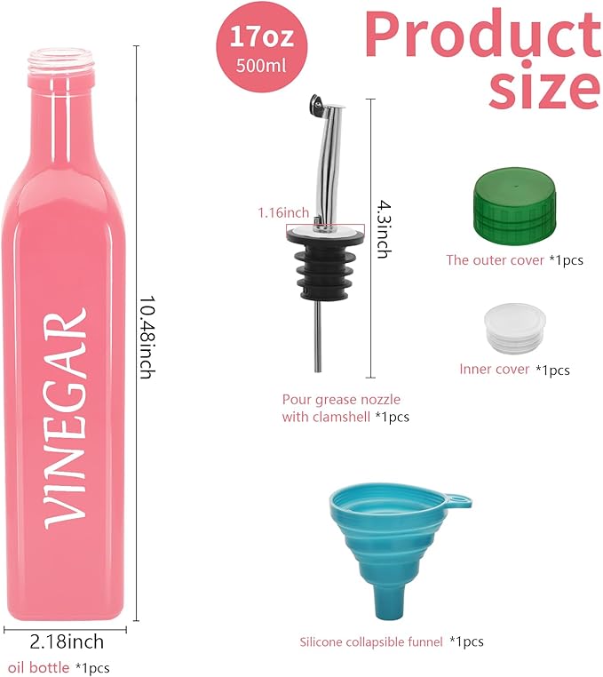 1 Pc 17oz Olive Dispenser Bottle,500ml Glass Oil and Vinegar Dispenser Set with 1 Stainless Steel Pourers,Funnel Bottles for Kitchen (Pink Vinegar)