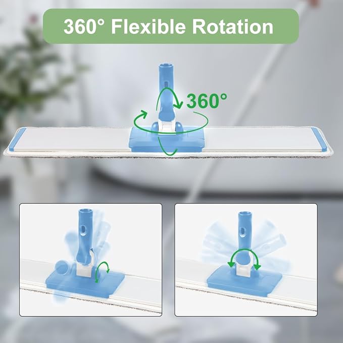 CQT Commercial Flat Microfiber Floor Mop Cleaning System 24" Inch Wet Dry and Dust Hardwood with 4 Washable Pads Cleaner for Laminate Tile Stainless Steel Handle and Extension (Blue)