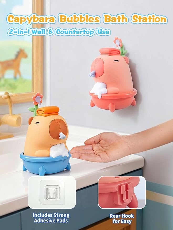 QANYI Automatic Bubble Foam Machine for Kids - Capybara Silicone Touchless Soap Dispenser, IPX7 Waterproof & Rechargeable, Fun Bath Toy to Encourage Child Hygiene from Hand Washing to Bath Time(Pink)