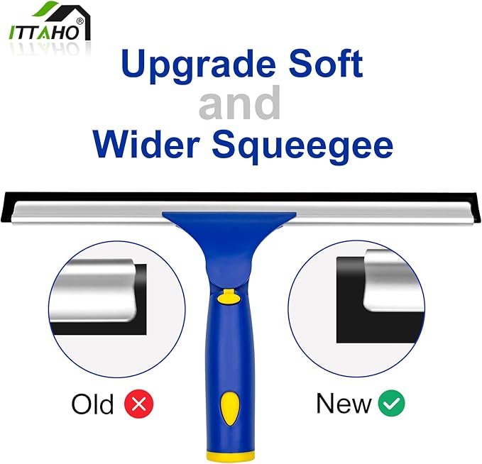ITTAHO Window Squeegee Cleaner Tool,Window Cleaning Kit with Extension Pole,12" Squeegee and 11" Microfiber Scrubber Combi