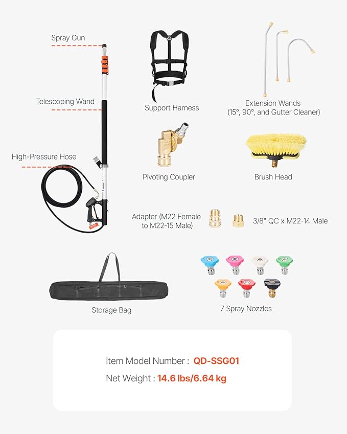 VEVOR Pressure Washer Telescoping Wand, 24 ft, 4000 psi, Telescopic Spray Wand with Power Washer Extension Wands, Gutter Cleaner, Brush Head