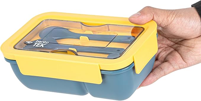 Restaurantware Bento Box 1 Count 30 Ounce Plastic Lunch Box Stackable With Cutlery, Leakproof Microwave-Safe Meal Prep Container Stackable Blue