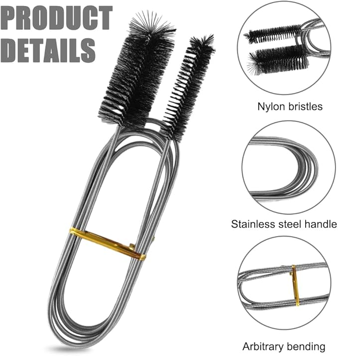 2pcs Flexible Long Drain Brush Set, Hose Pipe Stainless Steel Nylon Bristles Brushes with Dual Heads Tube Cleaner Brush for Kitchen, Sink, Drain Pipe