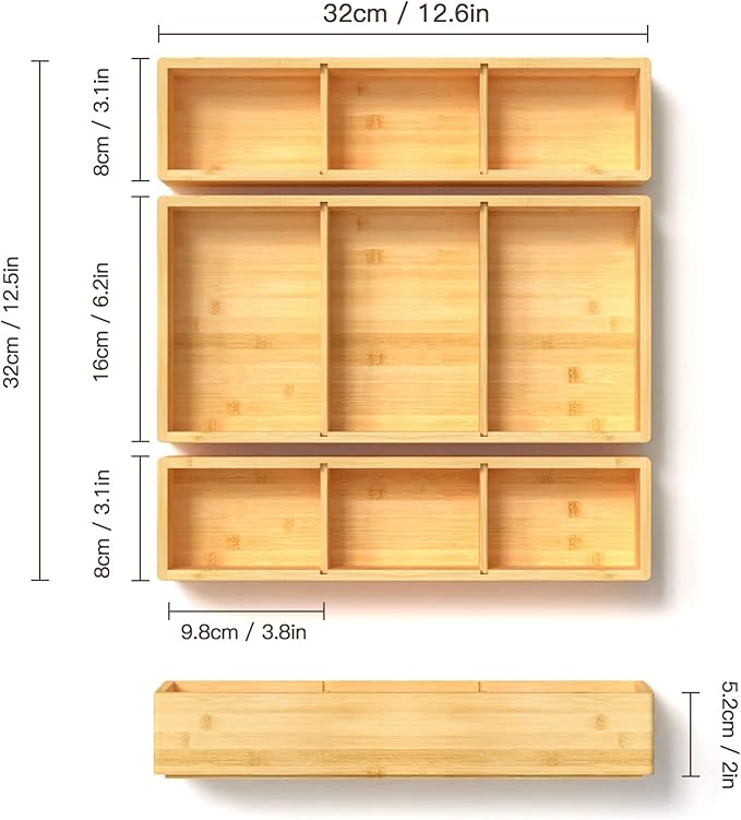 DUJEN Bamboo Drawer Organizer 12.5'' X 12.5'' X 2'', Adjustable 3 Individual Junk Drawer organizer for Bathroom and Kitchen, Wood Drawer Tea Organier Boxes for Silverware, Make up and Tea Bag