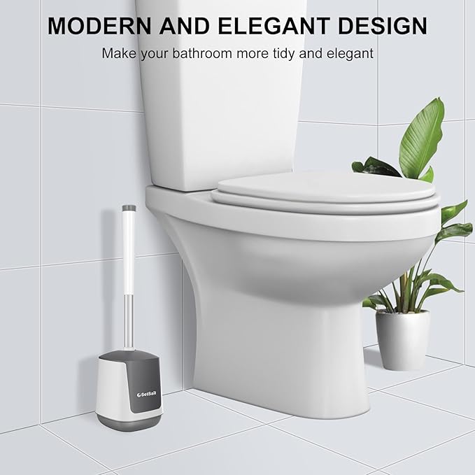 SetSail Toilet Brush and Holder, Self Closing Lid Toilet Bowl Brushes Holder and Extra Long Handle Ventilated Toilet Brush Set for Bathroom Cleaning, Nylon Bristles, White & Grey
