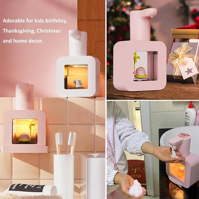 Cute Automatic Foam Soap Dispenser for Kids - Waterproof USB Rechargeable Hand-Free 13.5oz - Pink Dinosaur for Bathroom, Kitchen, Office, School - Children's Birthday Gift
