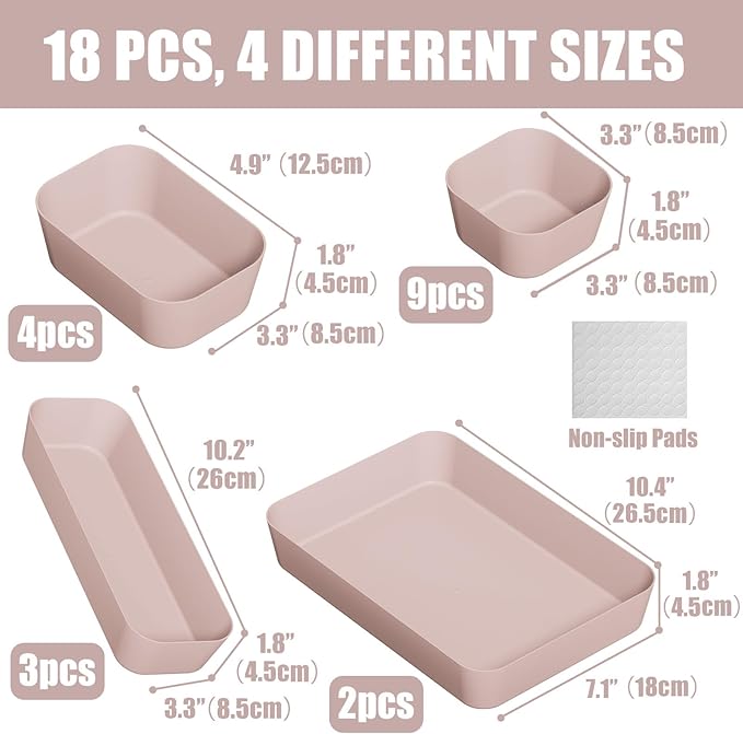 Plastic Drawer Organizers, 18 PCS Bathroom Drawer Organizer Bins, Desk and Vanity Organizer Plastic Tray, Makeup organizer and storage for Bedroom, Kitchen Gadgets Utensils and Office (Pink)