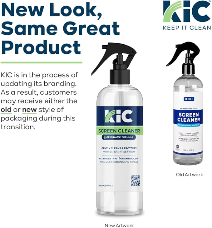 KIC CrystalVu Screen Cleaner Spray Kit with Microfiber Cleaning Cloth – Streak-Free for TV, Phone, Laptop, Monitor & Tablet
