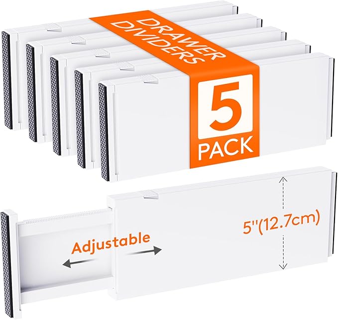 5 Pack 5" High Drawer Dividers 34-56cm/13.5-22" Adjustable Drawer Organizer