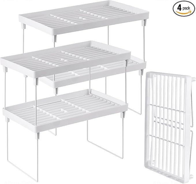 4-Pack Stackable Plastic Kitchen Storage Shelf Foldable Rack