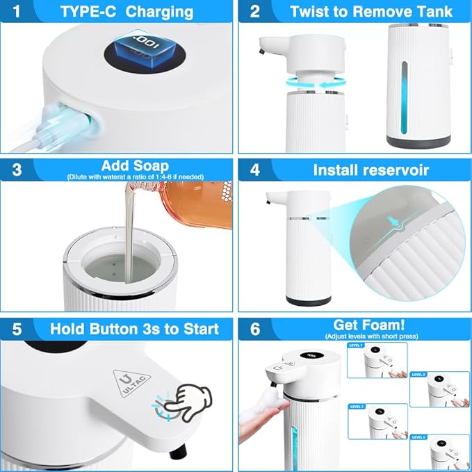 Touchless Automatic Soap Dispenser for Kitchen and Bathroom, Liquid Hand Soap Dispenser, Water-Resistant and Rechargeable, 14.2oz/420ml ，Intelligent Digital Display，4-Level Adjustable,Modern