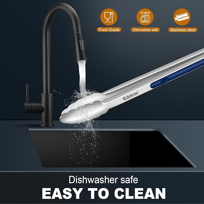 Tongs For Cooking - Heat Resistant 600 Degrees Stainless Steel Kitchen Tong, Heavy Duty Metal Locking Tongs - For Food,Salad, grilling, BBQ 7",9" & 12 inch, set of 3 Dishwasher Safe Blue