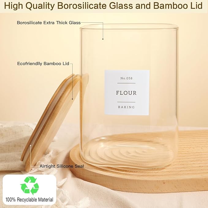 Large glass flour and sugar containers with 132 Kitchen Pantry Labels - 110 oz Glass Food Storage Containers with Airtight Lids