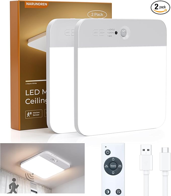 NARUNDREN 2 Pack Rechargeable Motion Sensor LED Ceiling Light with Remote, Wireless Battery Operated Closet Light, 400LM Dimmable 3 Color Temperatures, Ideal for Stair Hallway Garage Pantry