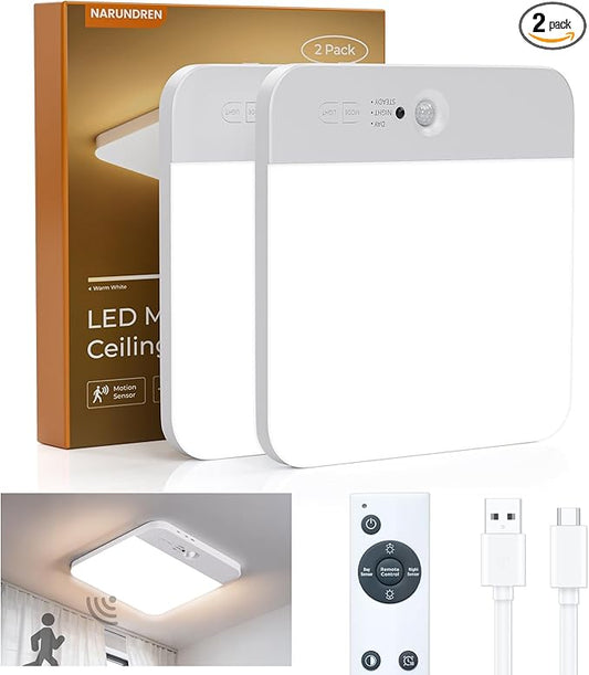 NARUNDREN 2 Pack Rechargeable Motion Sensor LED Ceiling Light with Remote, Wireless Battery Operated Closet Light, 400LM Dimmable 3 Color Temperatures, Ideal for Stair Hallway Garage Pantry