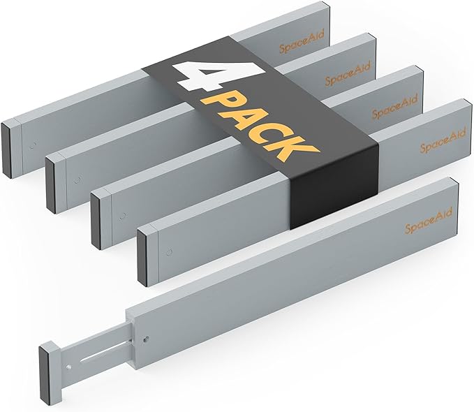 SpaceAid 4 Pack Bamboo Drawer Dividers with Labels, Kitchen Adjustable Drawer Organizers, Expandable Organization for Home Clothes Dressers (17-22 in, Gray)