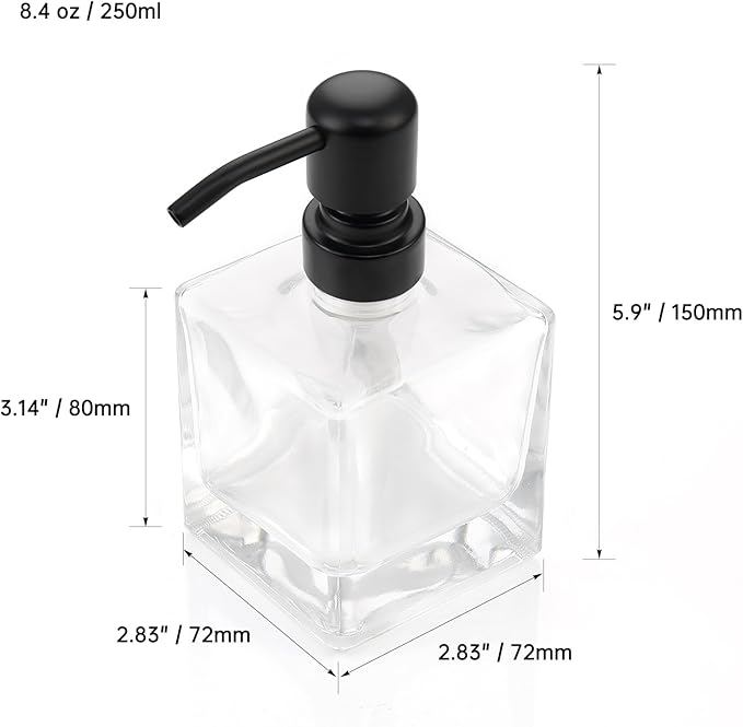 Square Bathroom Soap Dispenser Black, 8.4 oz Glass Bottles with Stainless Steel Pump Cube Liquid Hand Soap Dispenser Kitchen
