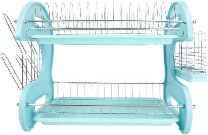 2 Tier Dish Drainer, by Home Basics (Turquoise) Dish Rack for Kitchen Counter, with Cutlery Holder and Cup Slots