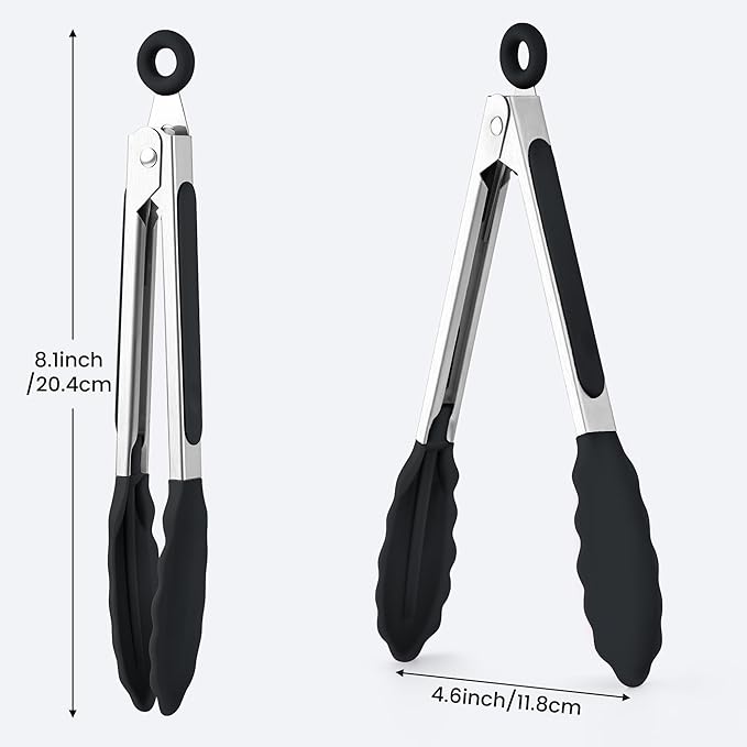 7-Inch Silicone Tongs Pack of 6, Small Stainless Steel Tongs with Silicone Tips for Cooking, Serving, BBQ, Grilling, Salad, Buffet, Party (7", Black)