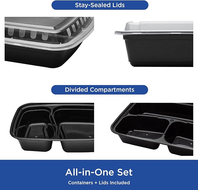 Karat Meal Prep Containers [30 oz - 150 ct] 2-Compartment, Reusable & Disposable Take Out Containers with Lids