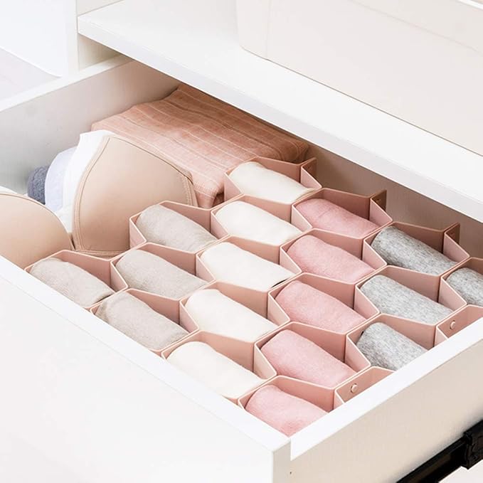Poeland Drawer Divider Organizer Adjustable DIY Grid Honeycomb Drawer Divider for Underwear Belt Scarf Socks Pink