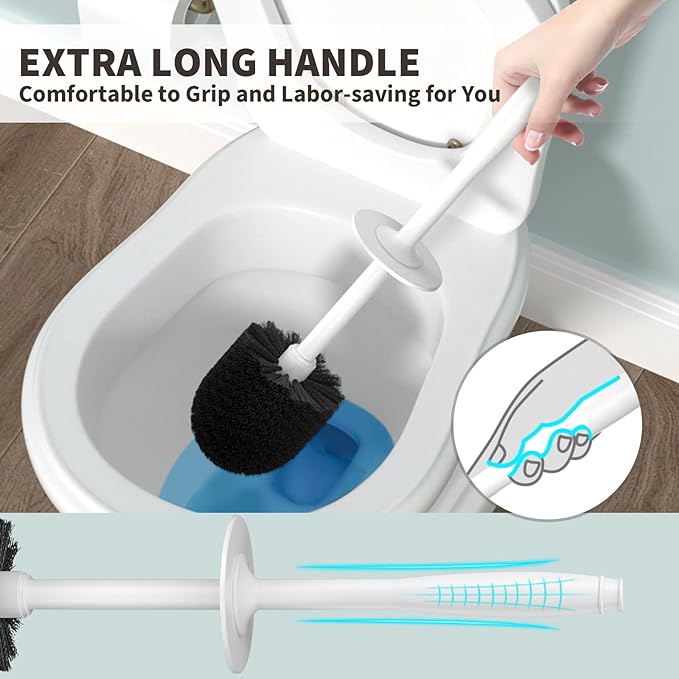 UPTRONIC Toilet Brush, Toilet Bowl Brush with Extra Long Handle Durable Bristles Toilet Scrubber and Covered Holder for Toilet Brush Set for Bathroom Cleaning (White, 1 Set)